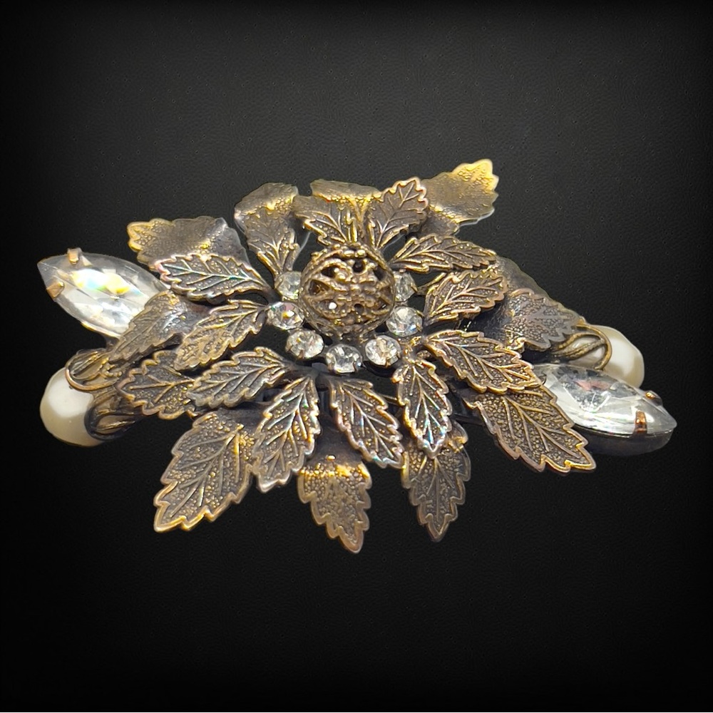 Vintage Possibly Unsigned Haskell Brass, Faux Pearl & Crystal Leaf Brooch
